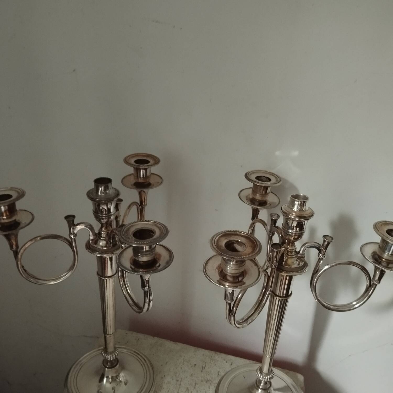 2 candelabra candlesticks hunting horn silver metal
