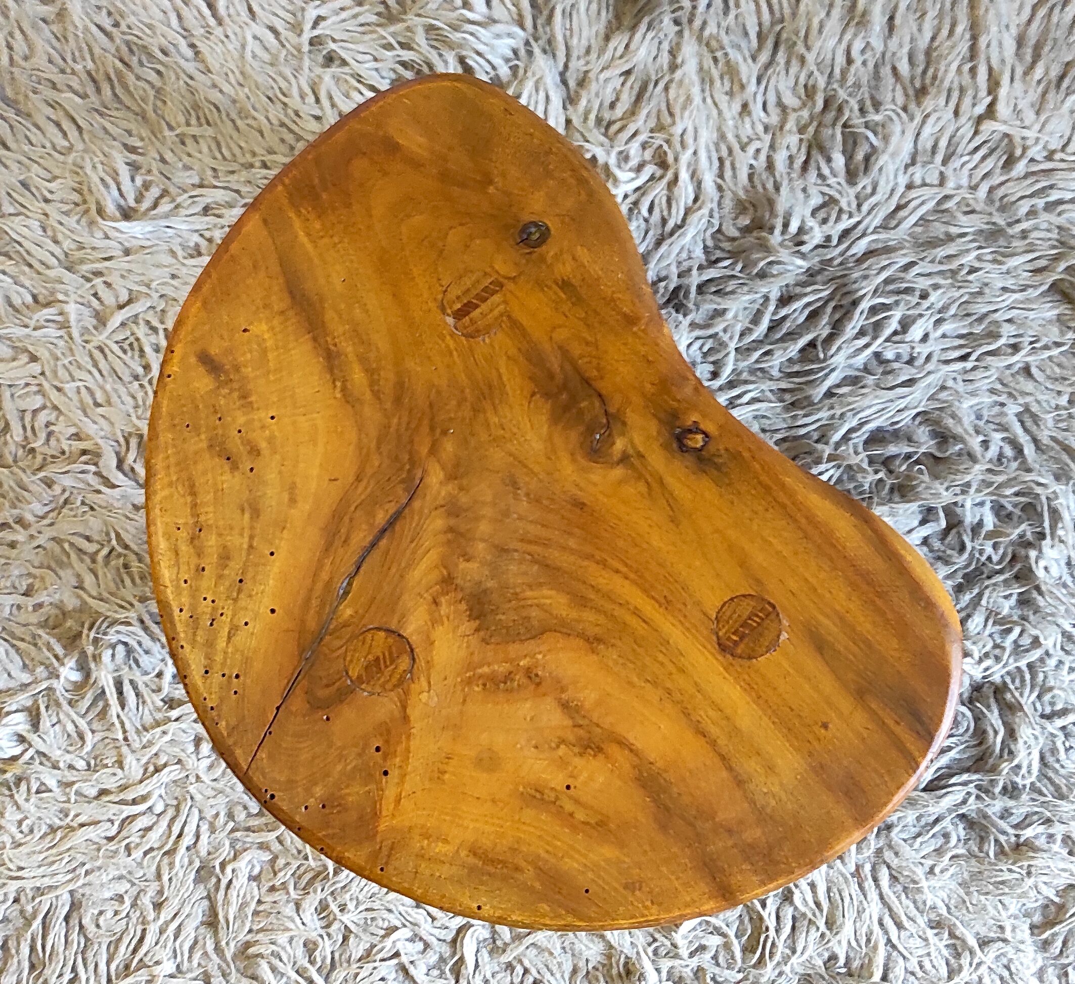 Brutalist tripod stool in solid wood, 80s