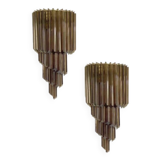Set of Two Venetian Fumè "Quadriedro" Murano Glass Wall Sconces