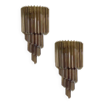 Set of Two Venetian Fumè "Quadriedro" Murano Glass Wall Sconces