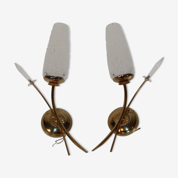 Pair of vintage glass and gold sconces