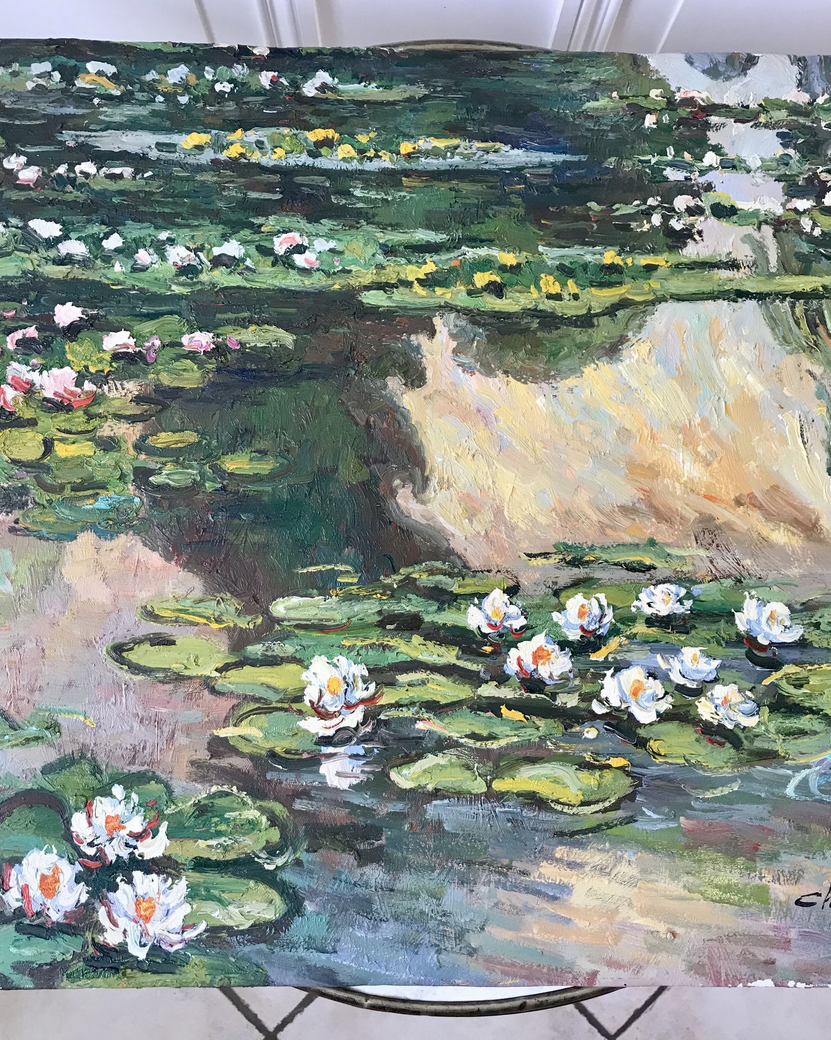 Oil painting on canvas water lilies nymlies signed chazap years 40-50