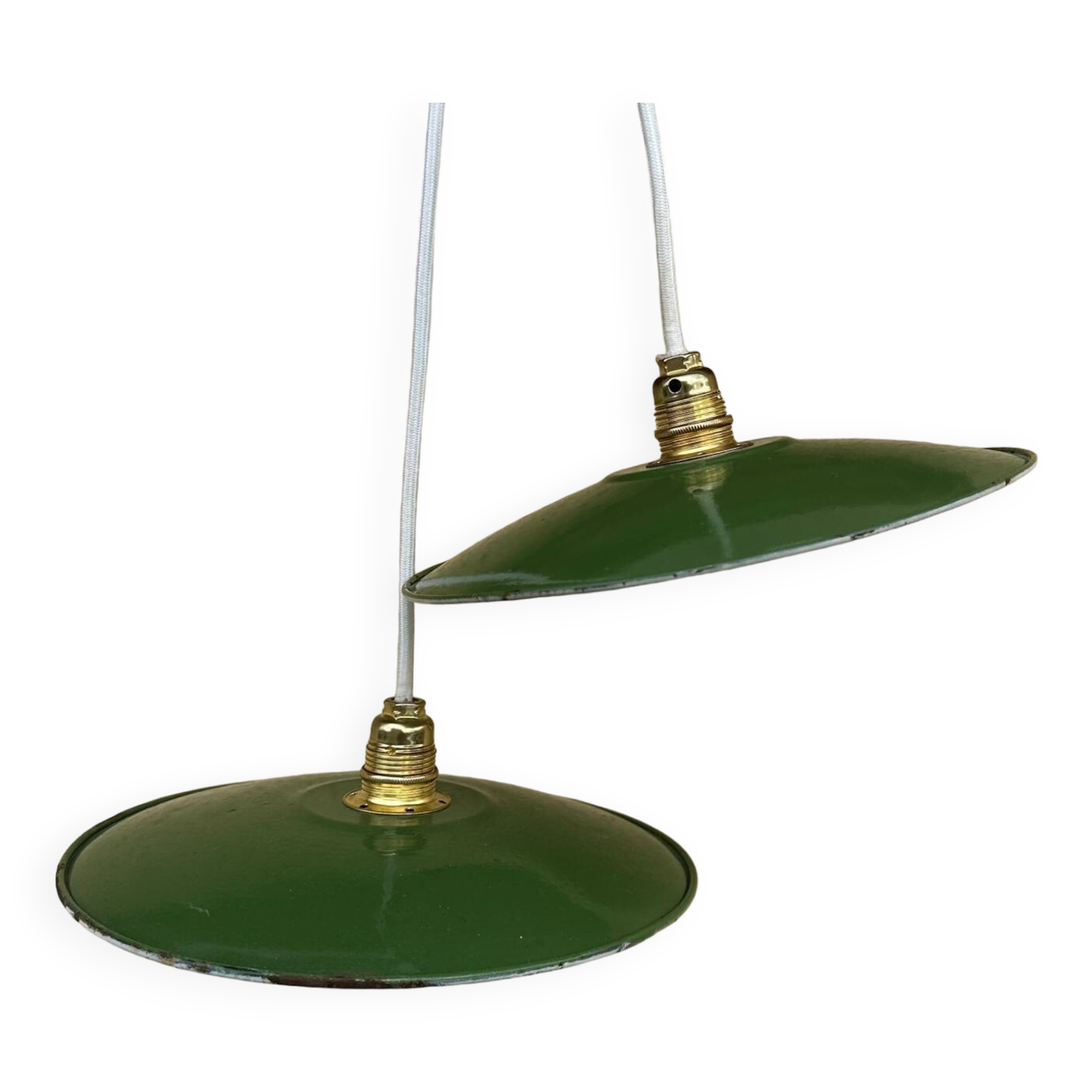 Pair of vintage lampshades, old enamelled sheet metal lampshades