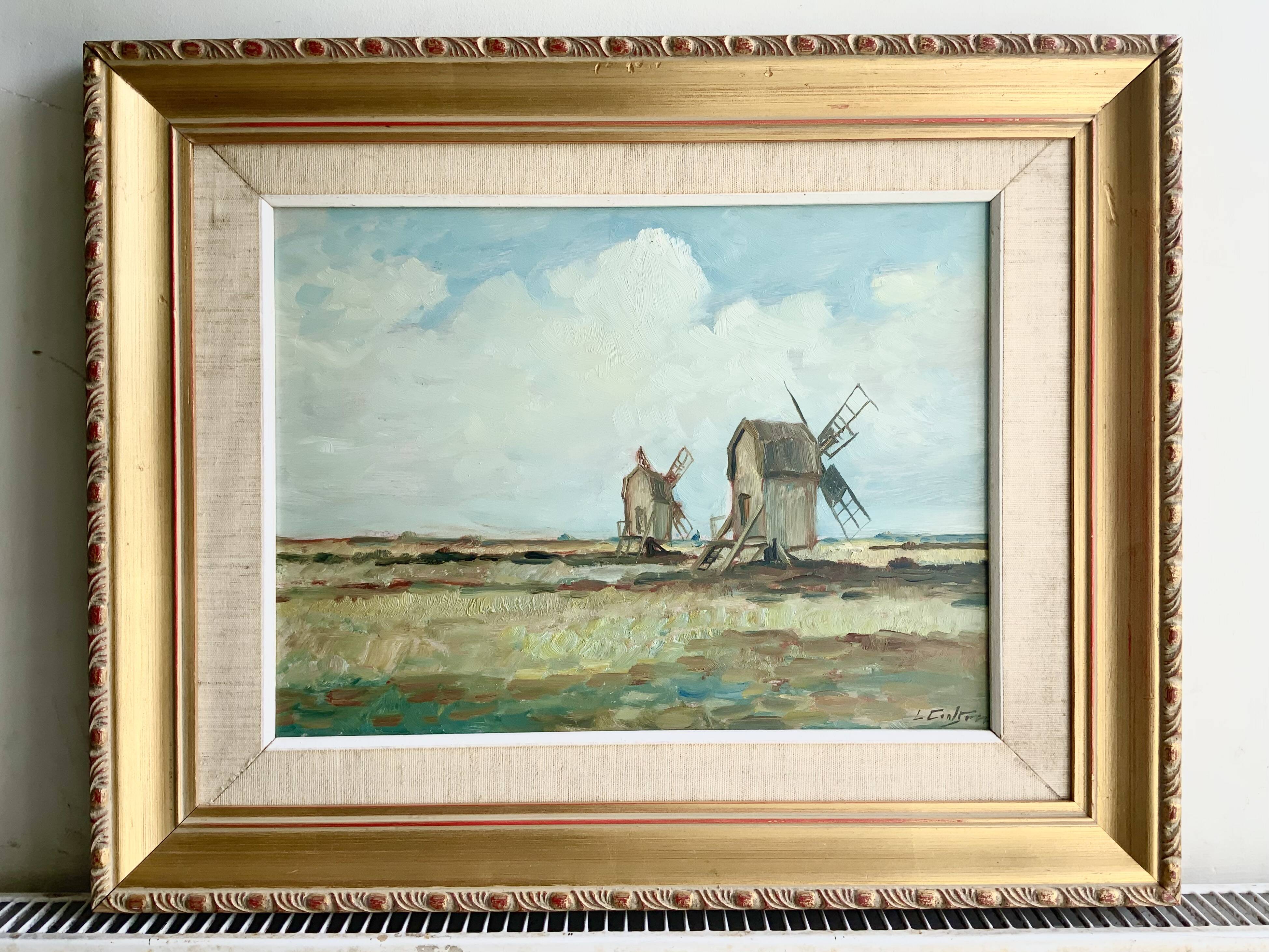 Peinture à l'huile vintage de moulin à vent, signée L.Carlson 1960