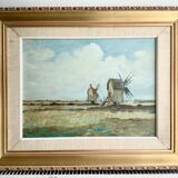 Peinture à l'huile vintage de moulin à vent, signée L.Carlson 1960