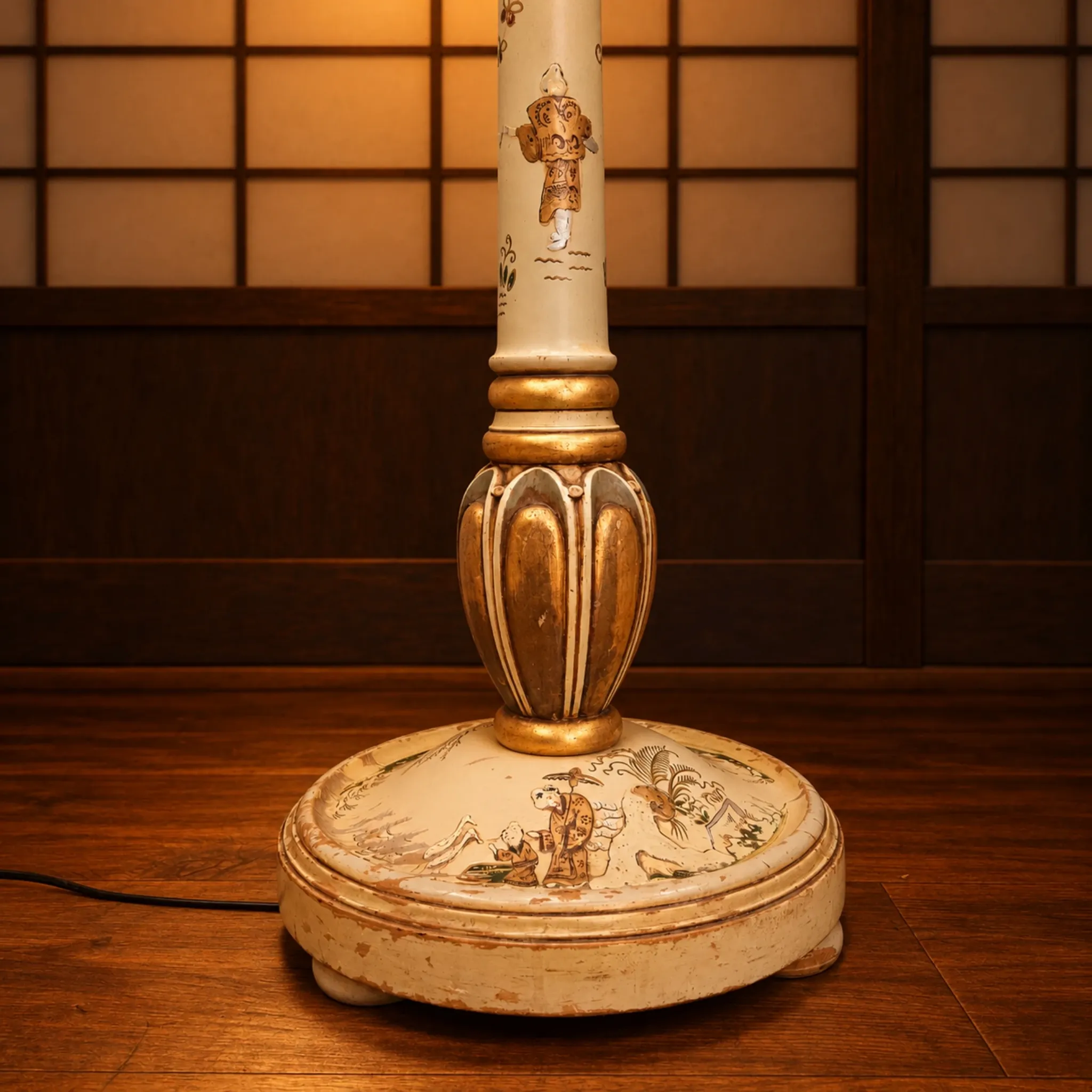 Lampadaire antique japonais peint à la main blanc et or (nouvel abat-jour)