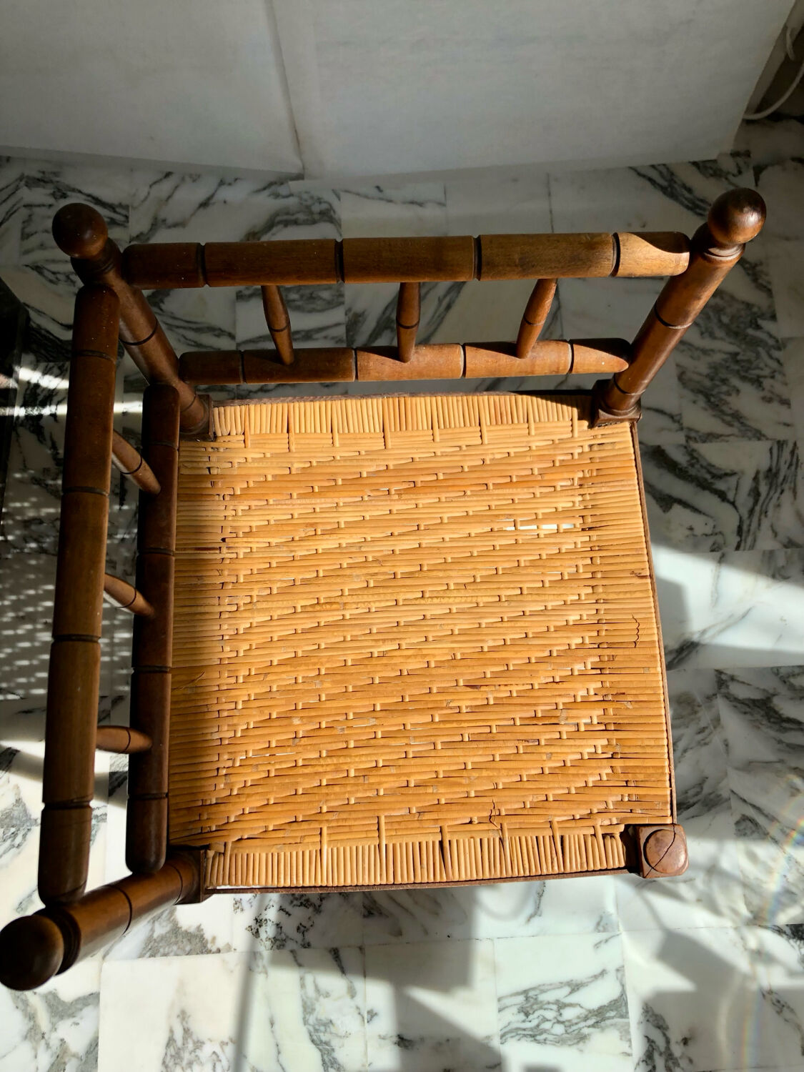 Art Deco corner chair in wood and rattan, 1930