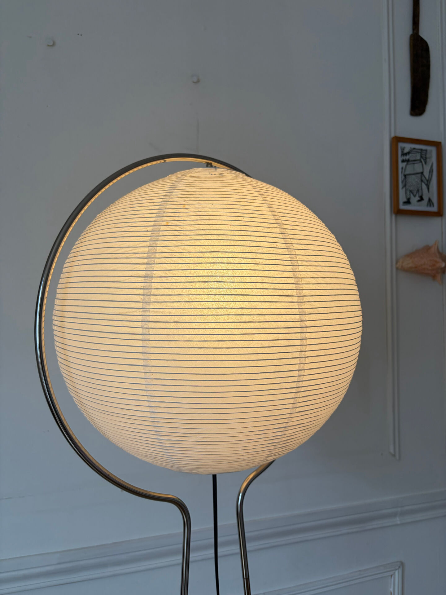 Chrome metal floor lamp and rice paper Vate for IKEA 1990