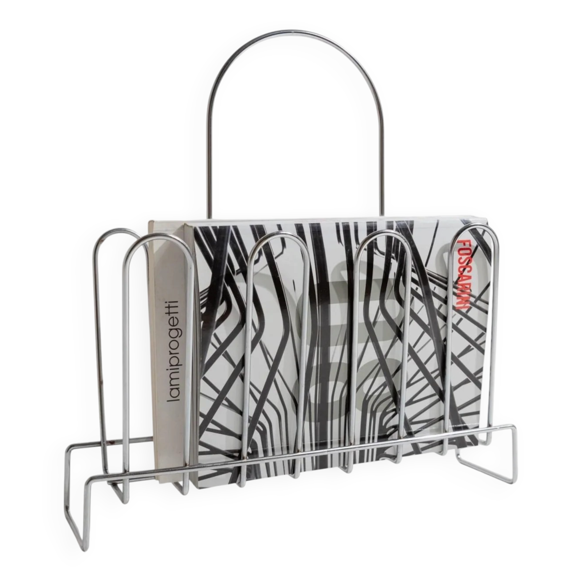Vintage chrome metal magazine rack - Space Age design from the 1970s - Decorative storage for magazines and books - Elegant retro gift idea