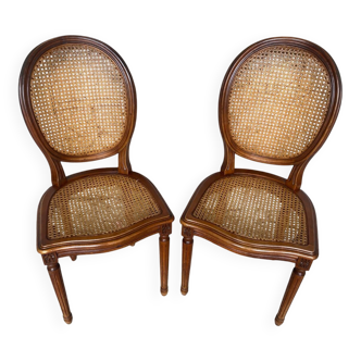 Pair of Antique Medallion Chairs in LOUIS XVI Style Walnut + Vintage Caning