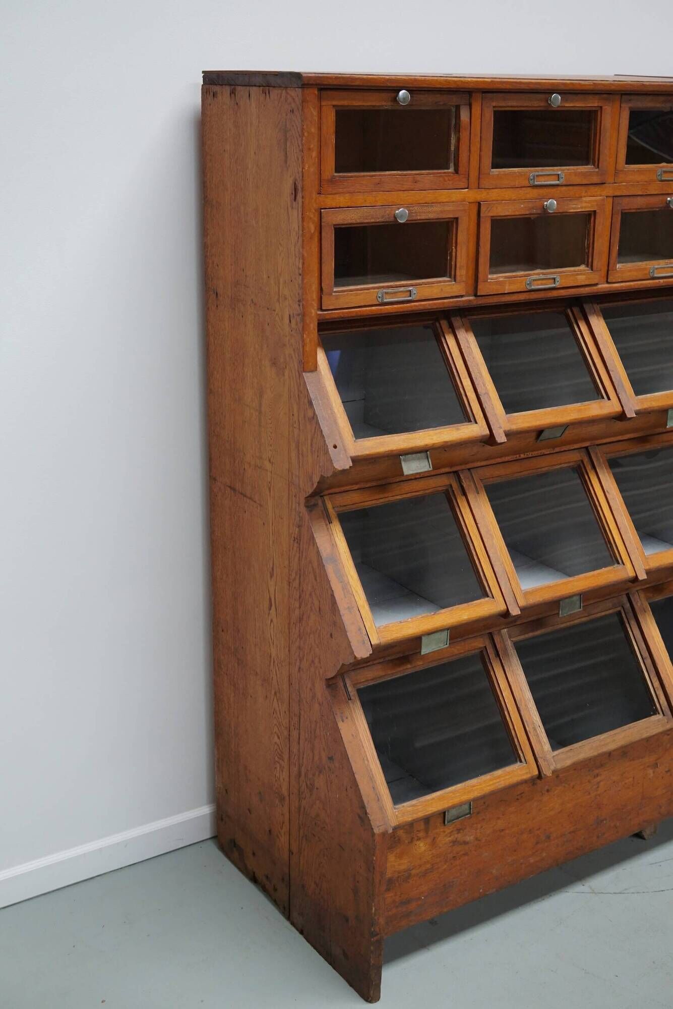 Very large Dutch oak showcase for grocery or haberdashery, 1920s-1930s