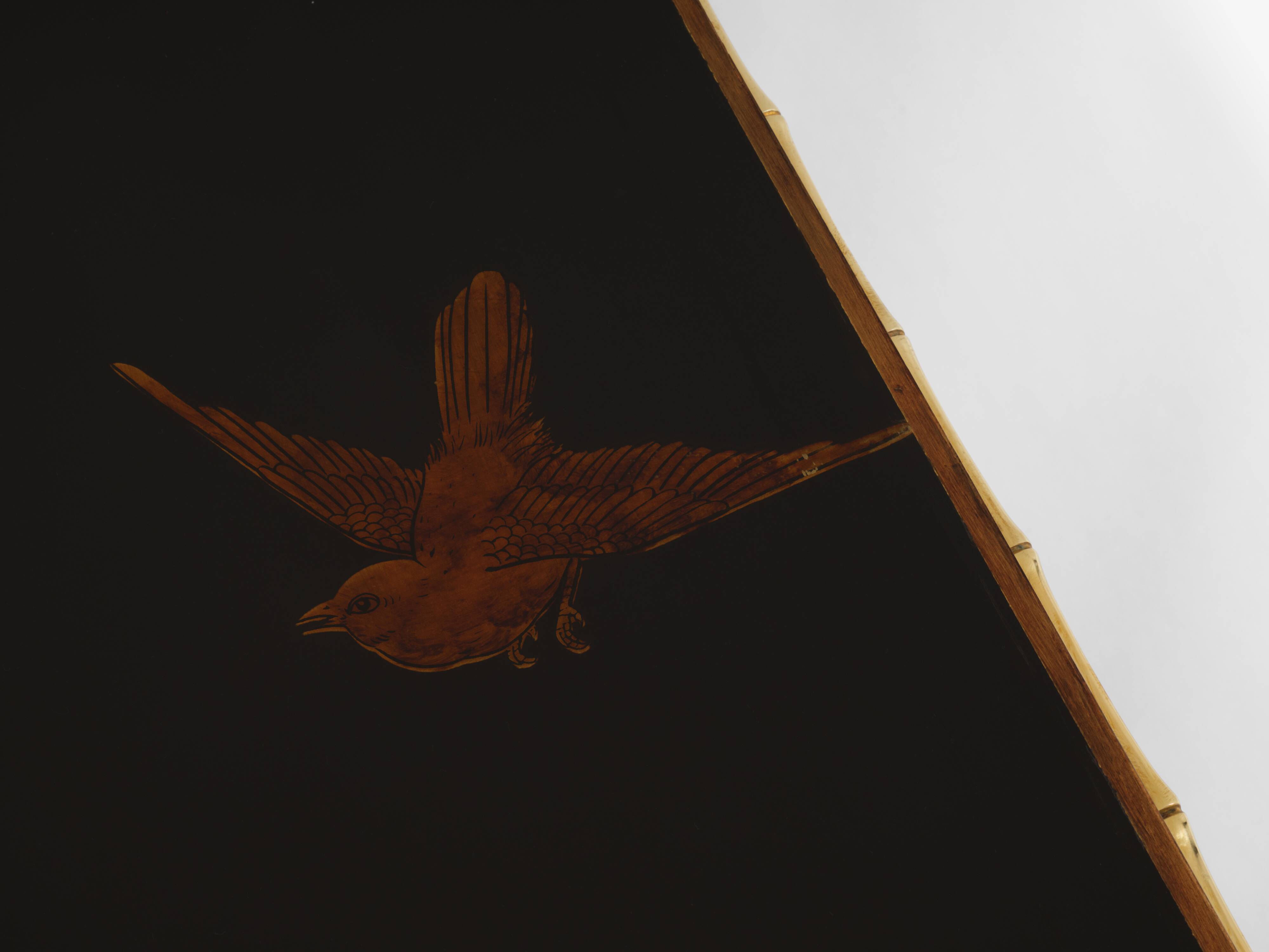 Bamboo coffee table with brass and Chinese lacquer Maison Baguès 1950