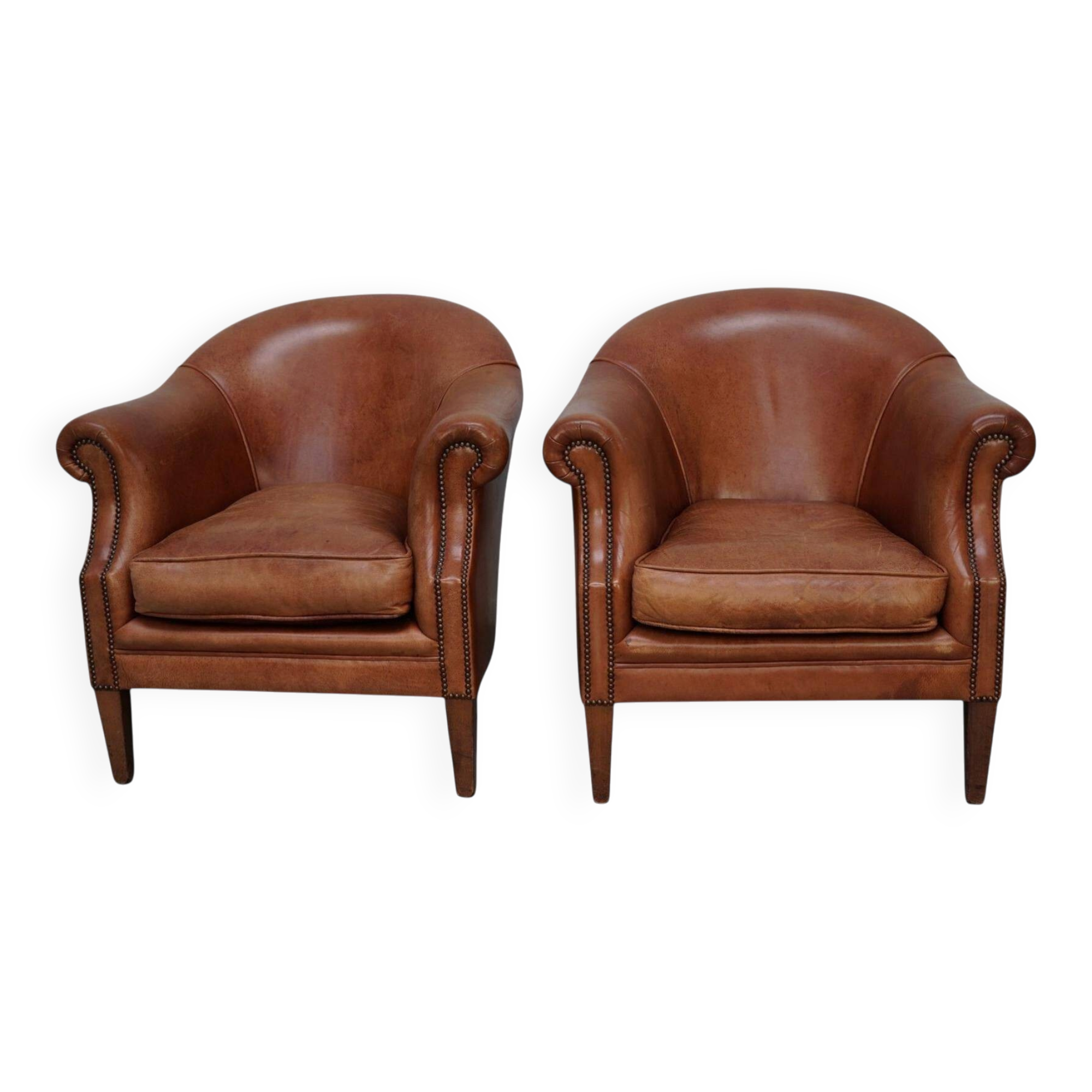 Vintage Dutch Leather Club Chairs in Cognac, Set of 2