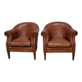 Vintage Dutch Leather Club Chairs in Cognac, Set of 2