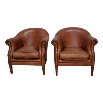 Vintage Dutch Leather Club Chairs in Cognac, Set of 2