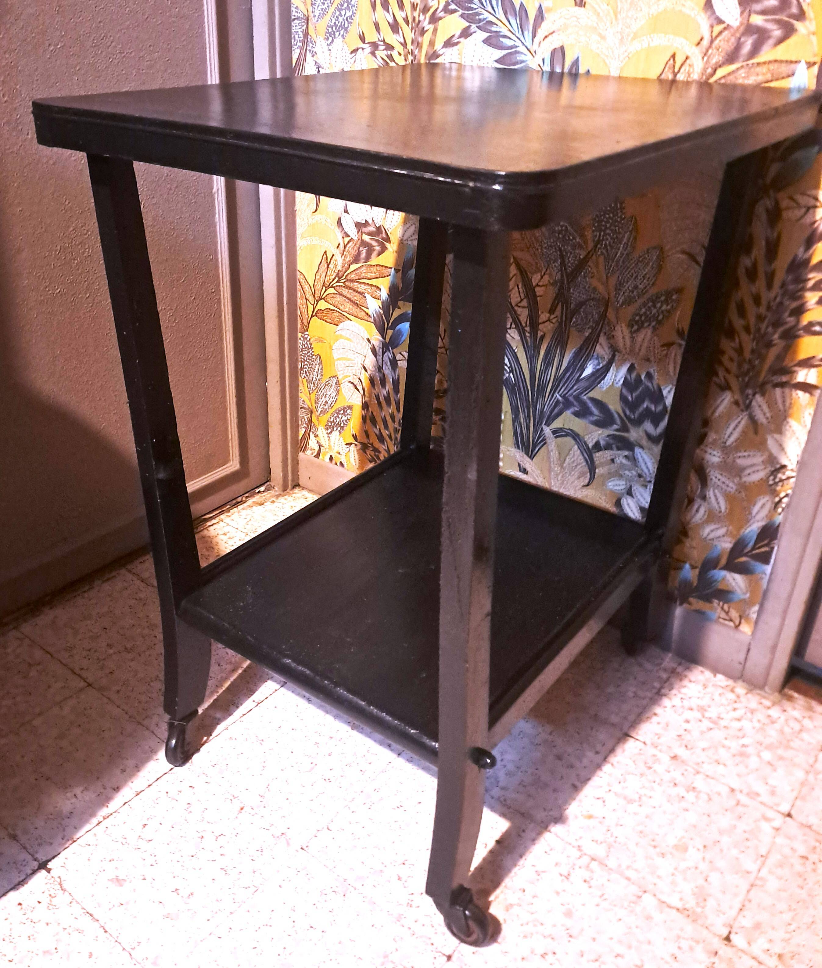 Art Deco style side table, console table on wheels, black varnished wood, 1940