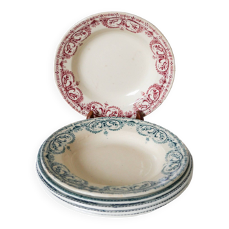Set of 6 mismatched Salins Earthenware soup plates, Burgundy model and 19th century Garland