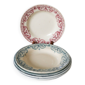 Lot de 6 assiettes creuses en Terre de Fer dépareillées Salins modèle Bourgogne et Guirlande XIXème