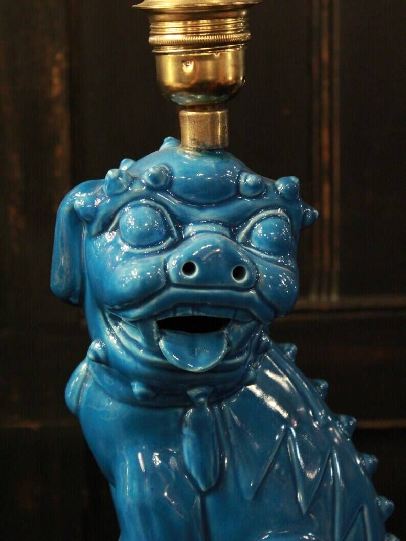 Lampe de table Foo Dog Vintage, céramique turquoise
