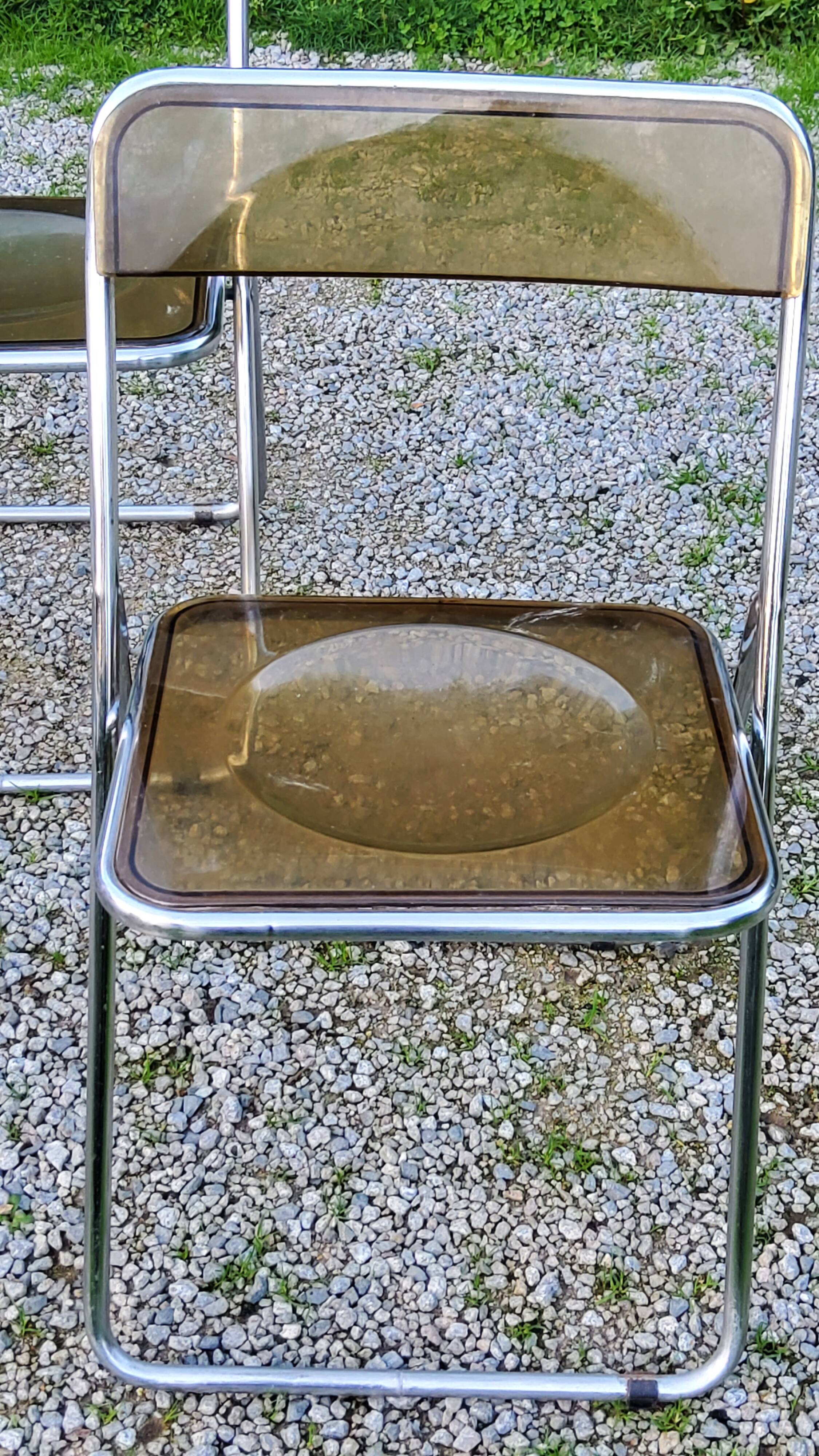 Set of 4 70s design folding chairs in smoked plexiglass and chrome metal