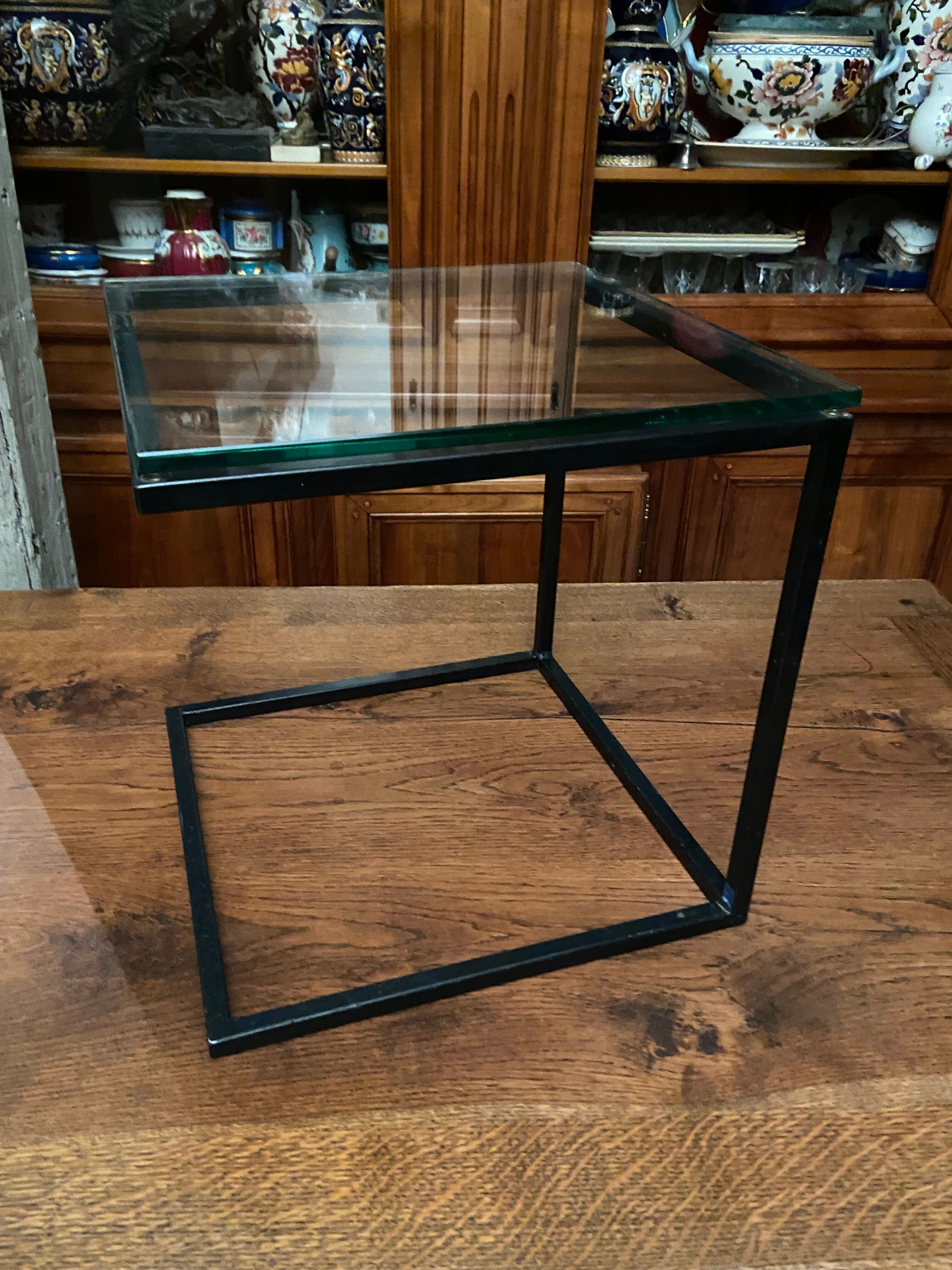 Coffee table end of sofa harness design 1970 metal and glass marked pierre chevalier