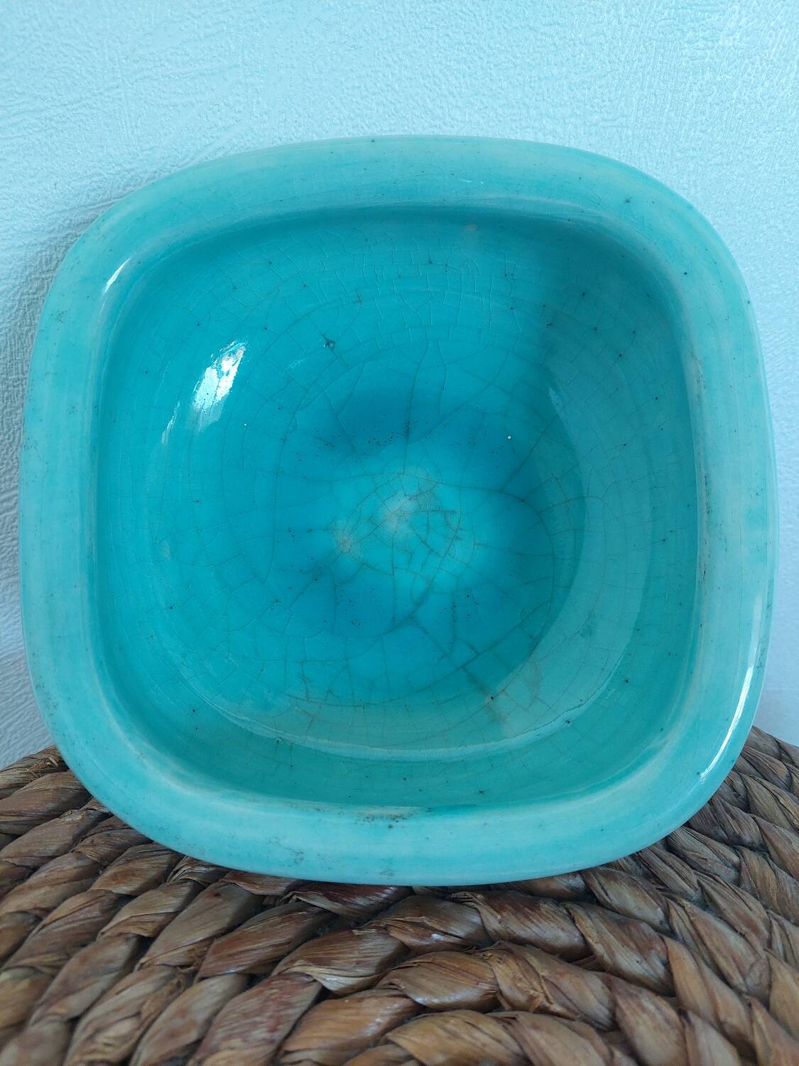 Art deco bowl signed Keramos in turquoise cracked ceramic