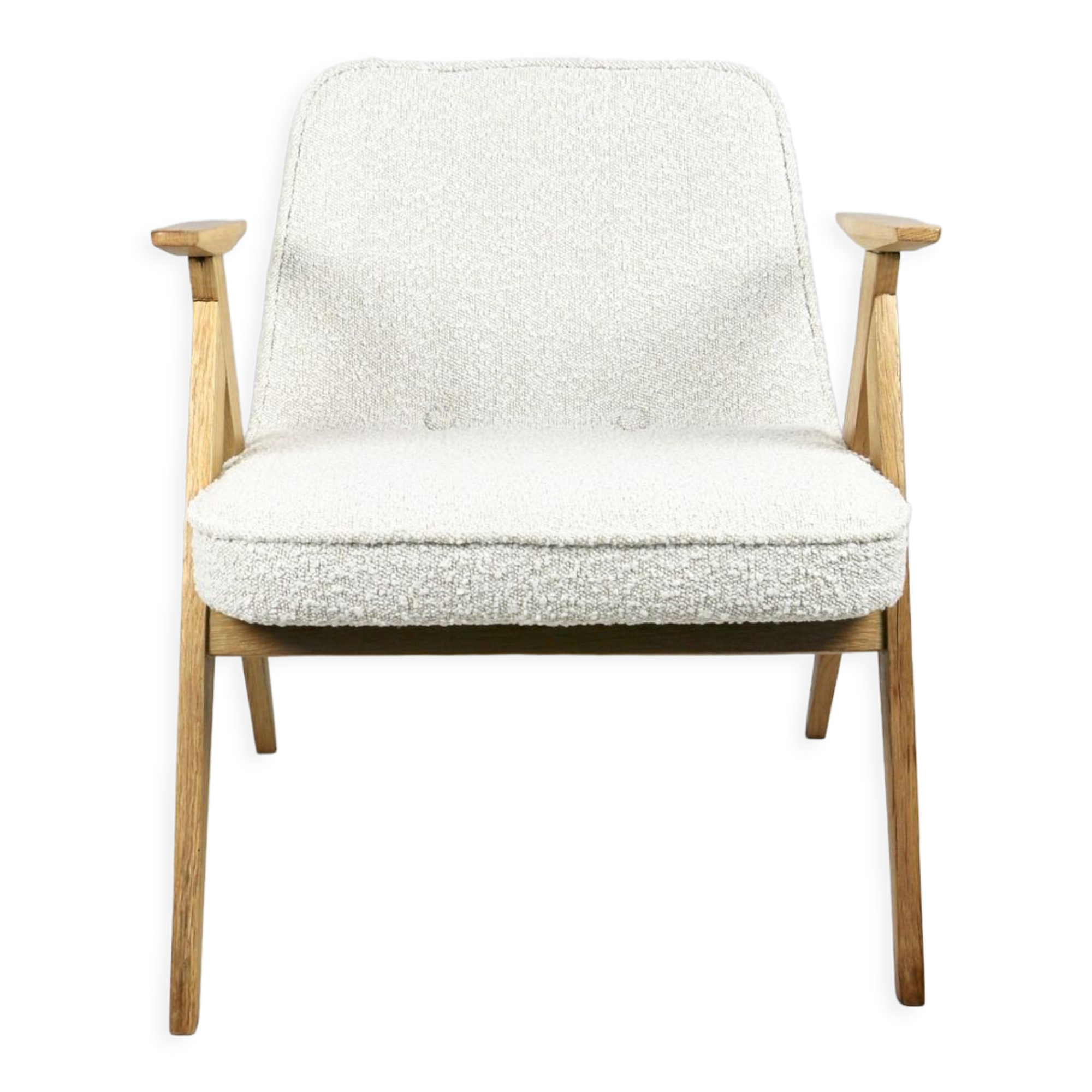 Pearl Boucle & Oak Armchair by Józef Chierowski, 1970s