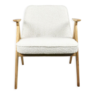 Pearl Boucle & Oak Armchair by Józef Chierowski, 1970s