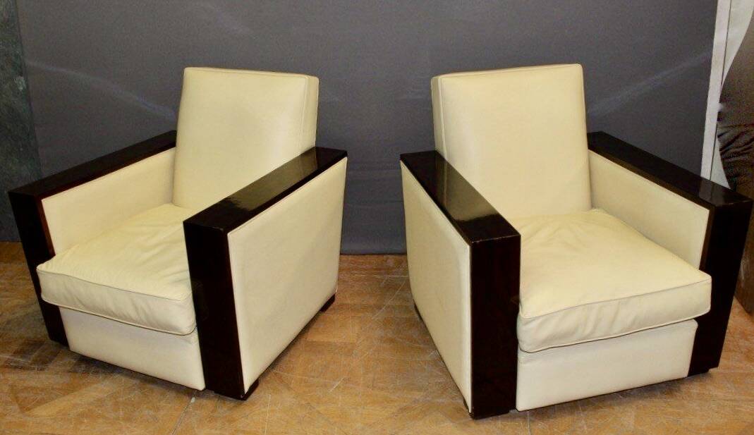 Pair of art deco armchairs in rosewood and beige leather