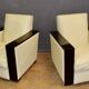 Paire de fauteuils art deco en palissandre et cuir beige