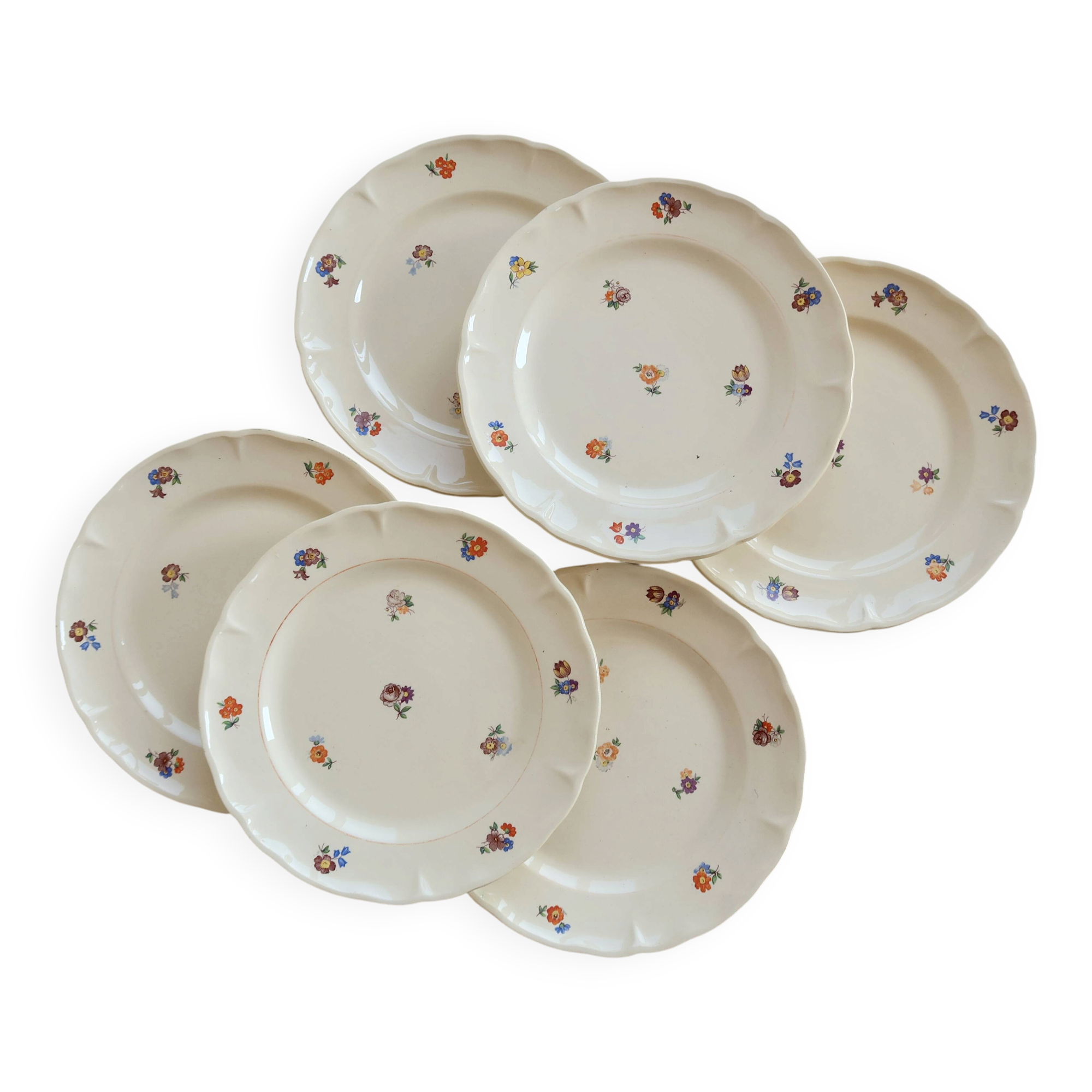 6 vintage ivory earthenware dessert plates – Small flower decoration