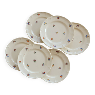 6 vintage ivory earthenware dessert plates – Small flower decoration
