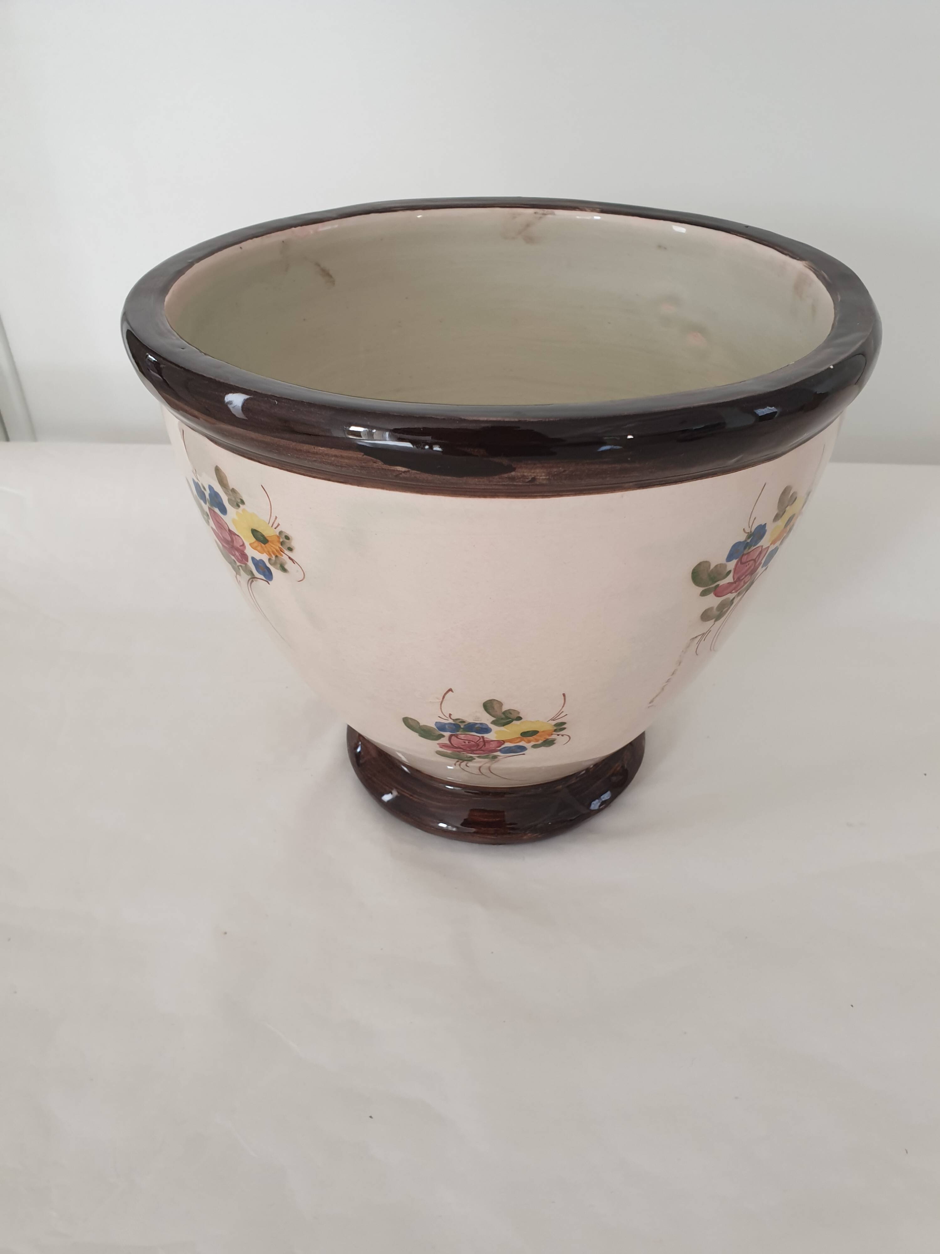 Large ceramic flowerpot with painted flower decoration Signed Massier Vallauris