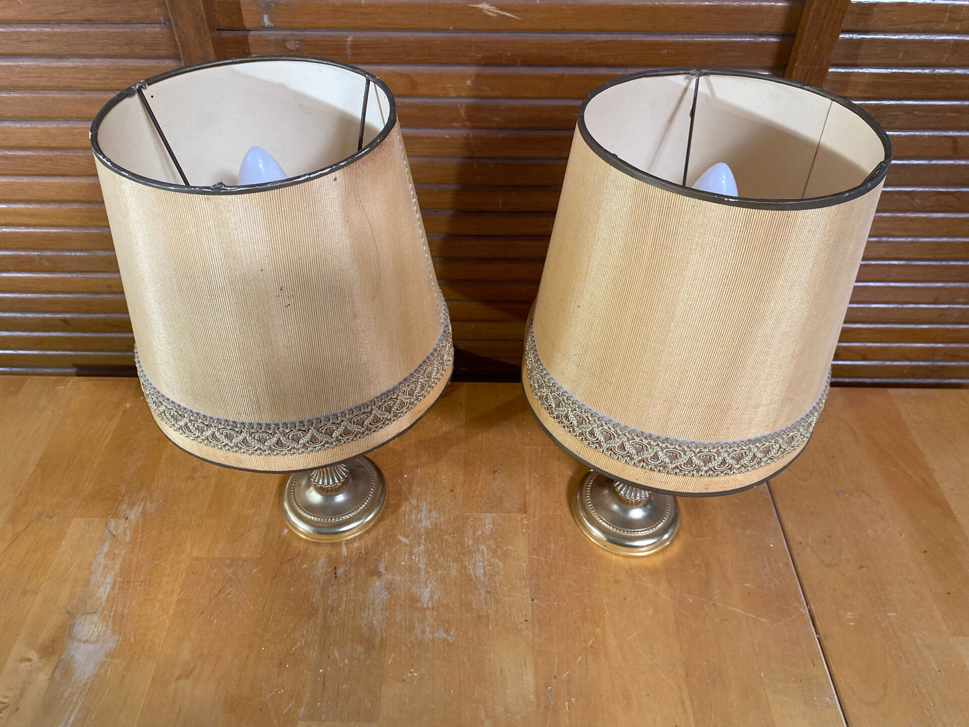 Pair of Empire Style Table Lamps Column Shape Golden Metal Vintage France