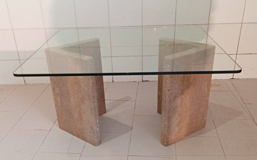 Coffee table with travertine base and glass top, 1980s