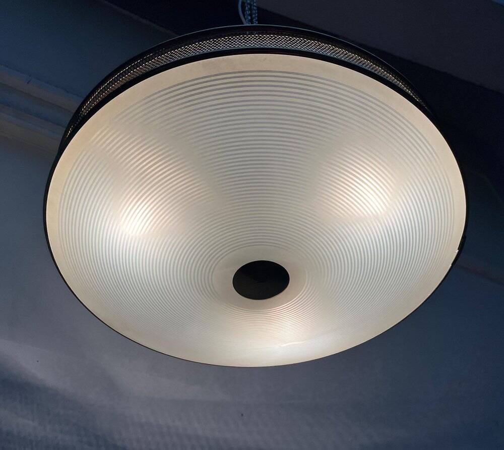 Metal ceiling pendant lamp, made of glass and metal, German mid-century modern style, 1960s.