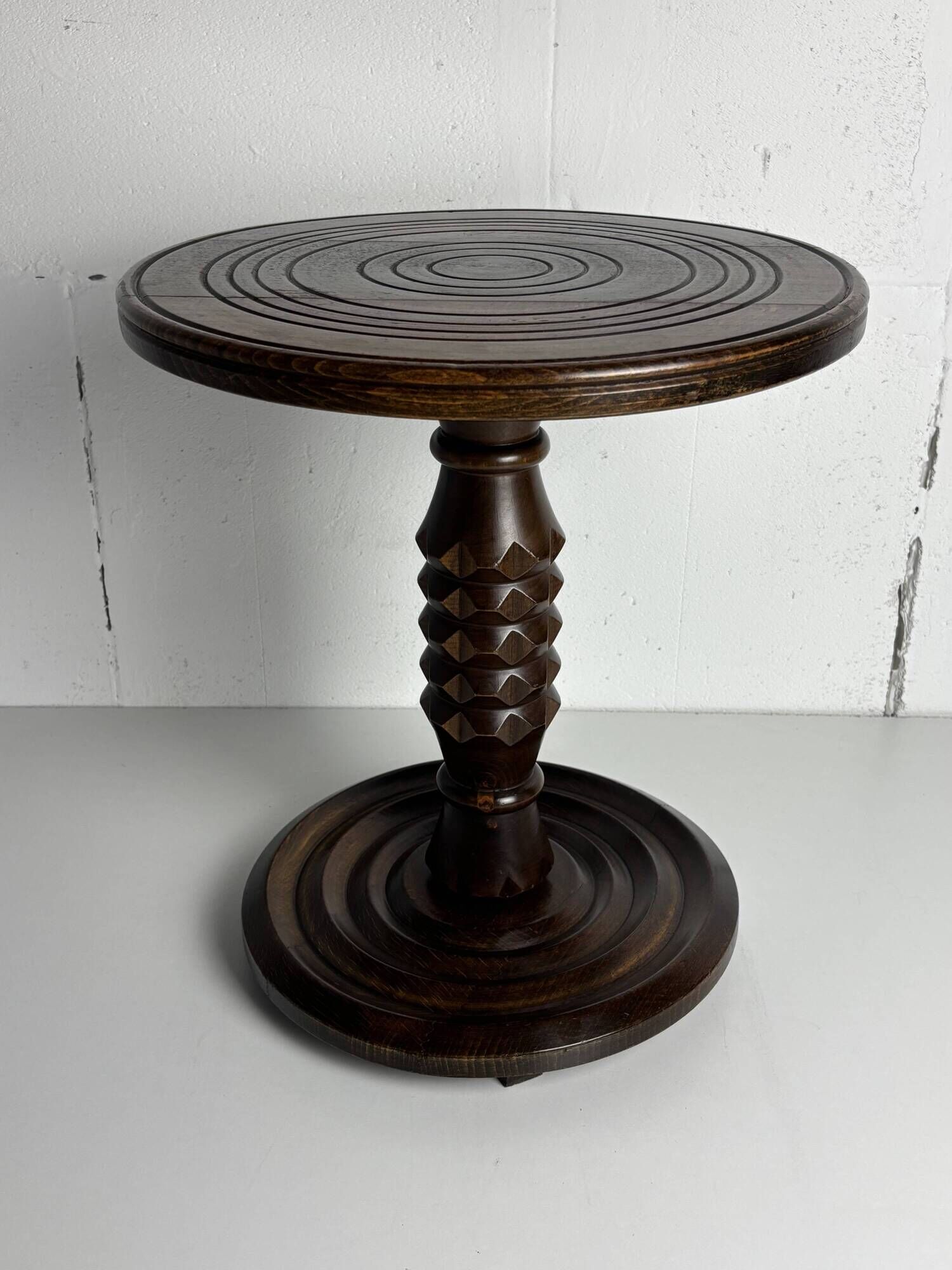 Low wood turned midcentury brutalist side table, style of Charles Dudouyt
