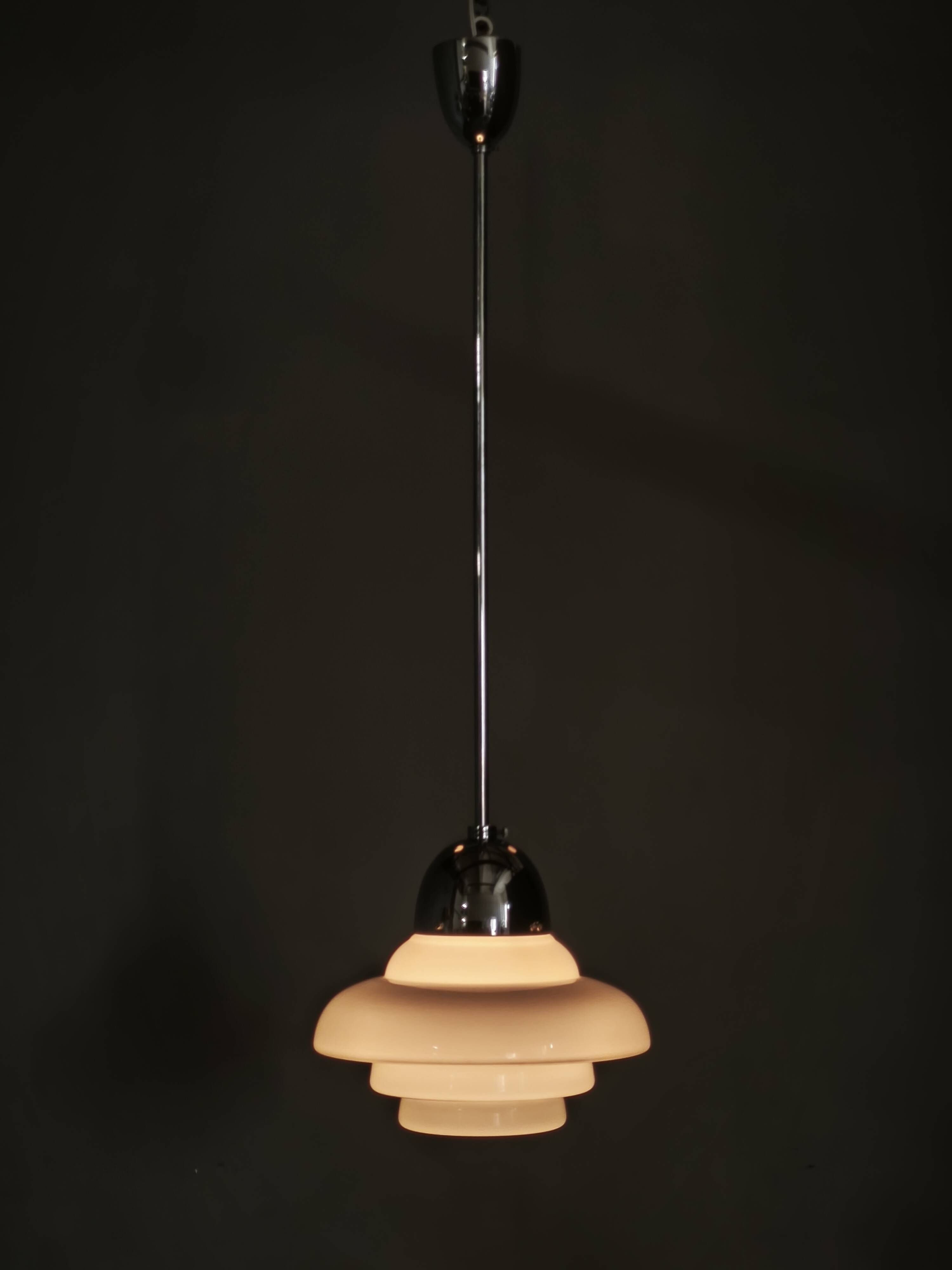 1930s Art Deco Bauhaus Opaline Glass and Chrome Pendant Light