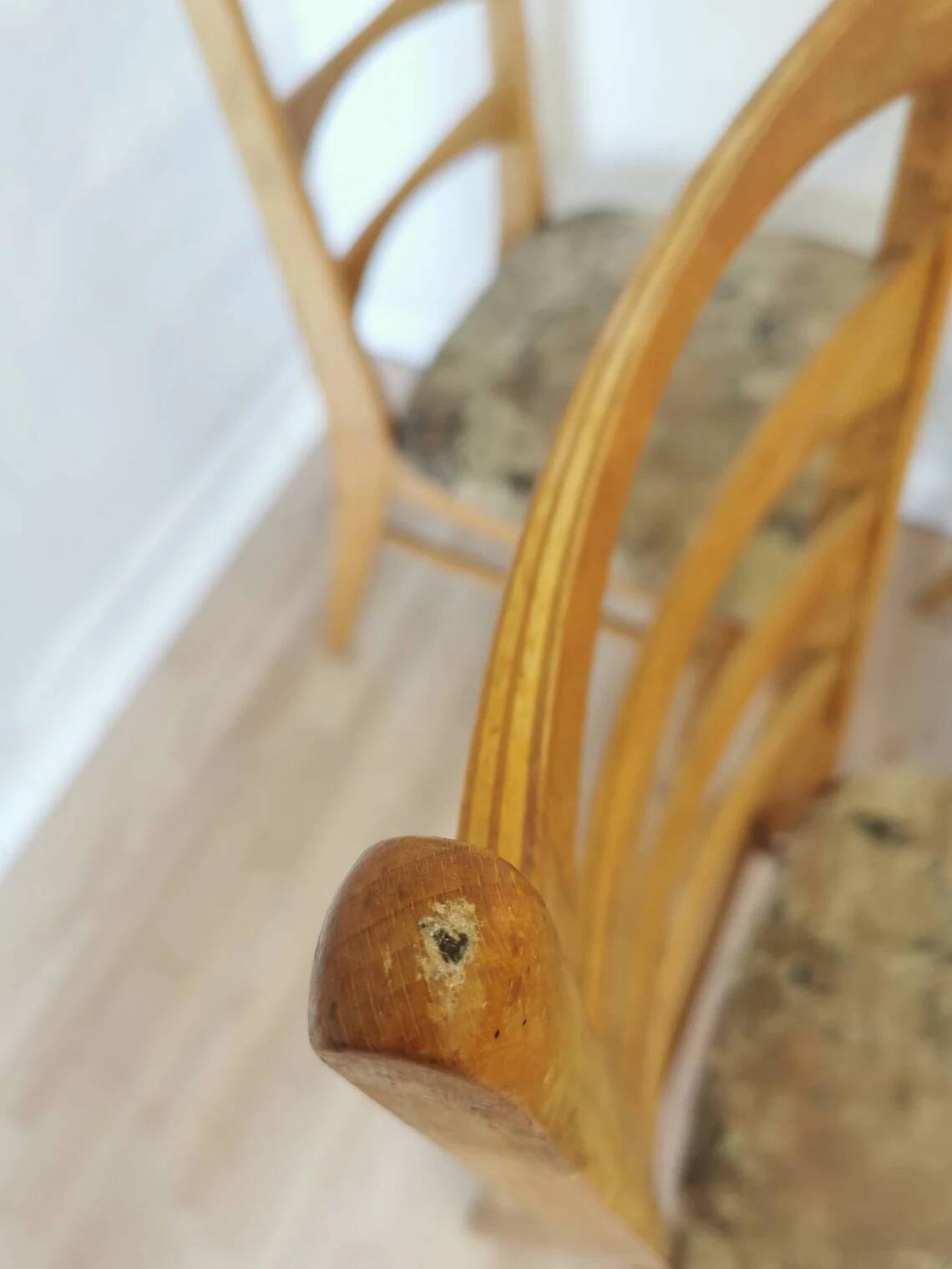 Set of 6 Vintage Wooden Dining Chairs: 1970s Mid-Century Bistro Style