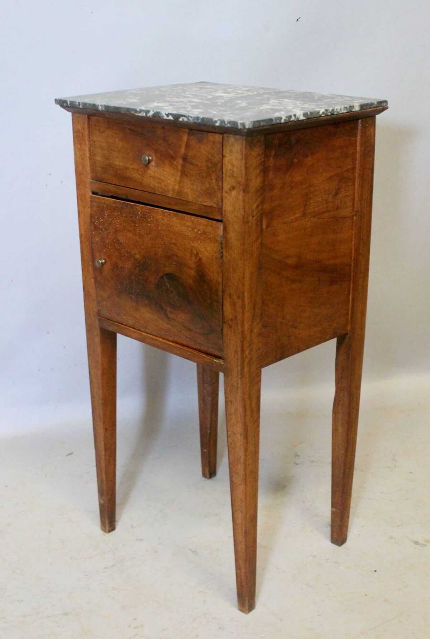 Directoire bedside table in walnut with marble top.