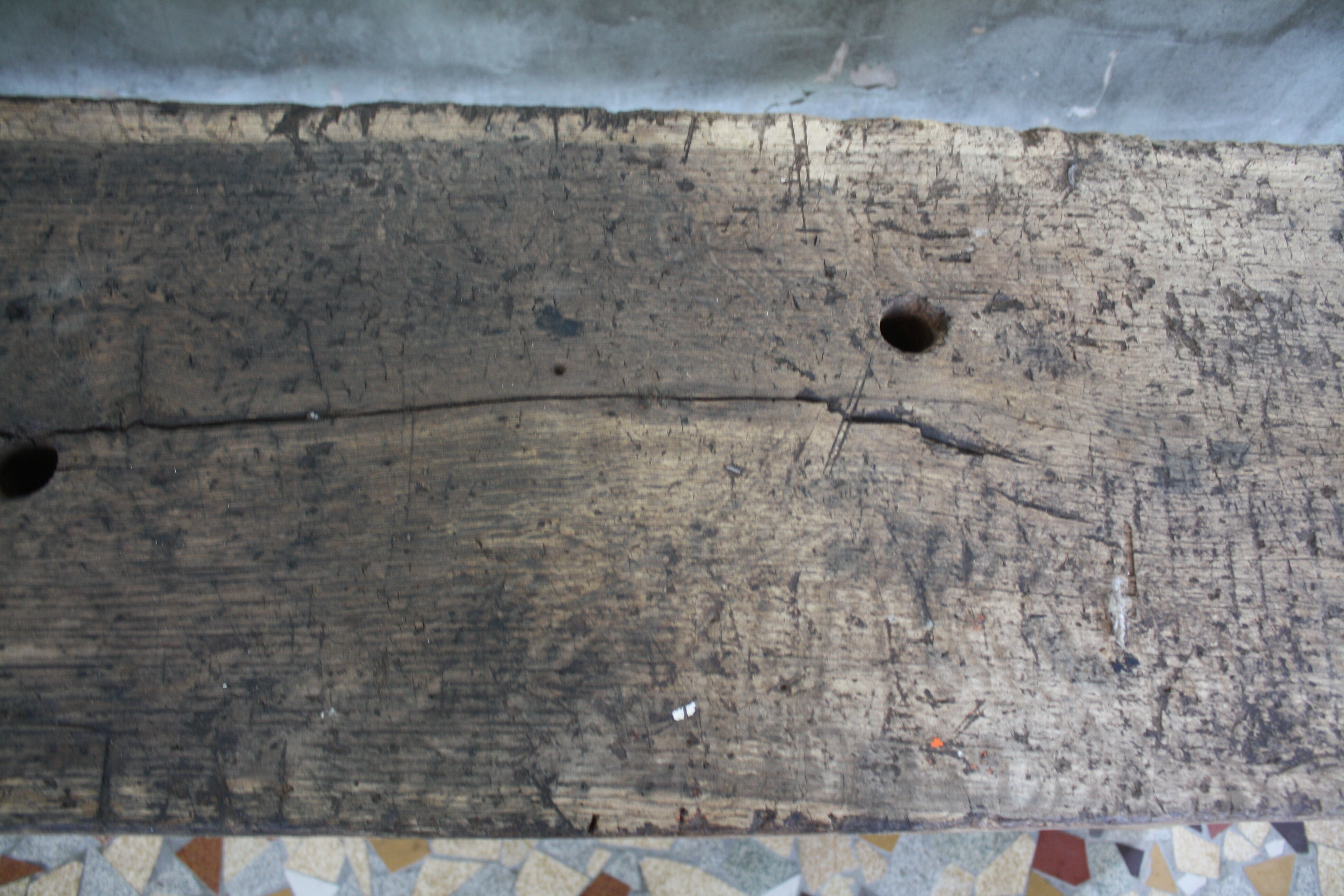 Ancient workbench in raw wood