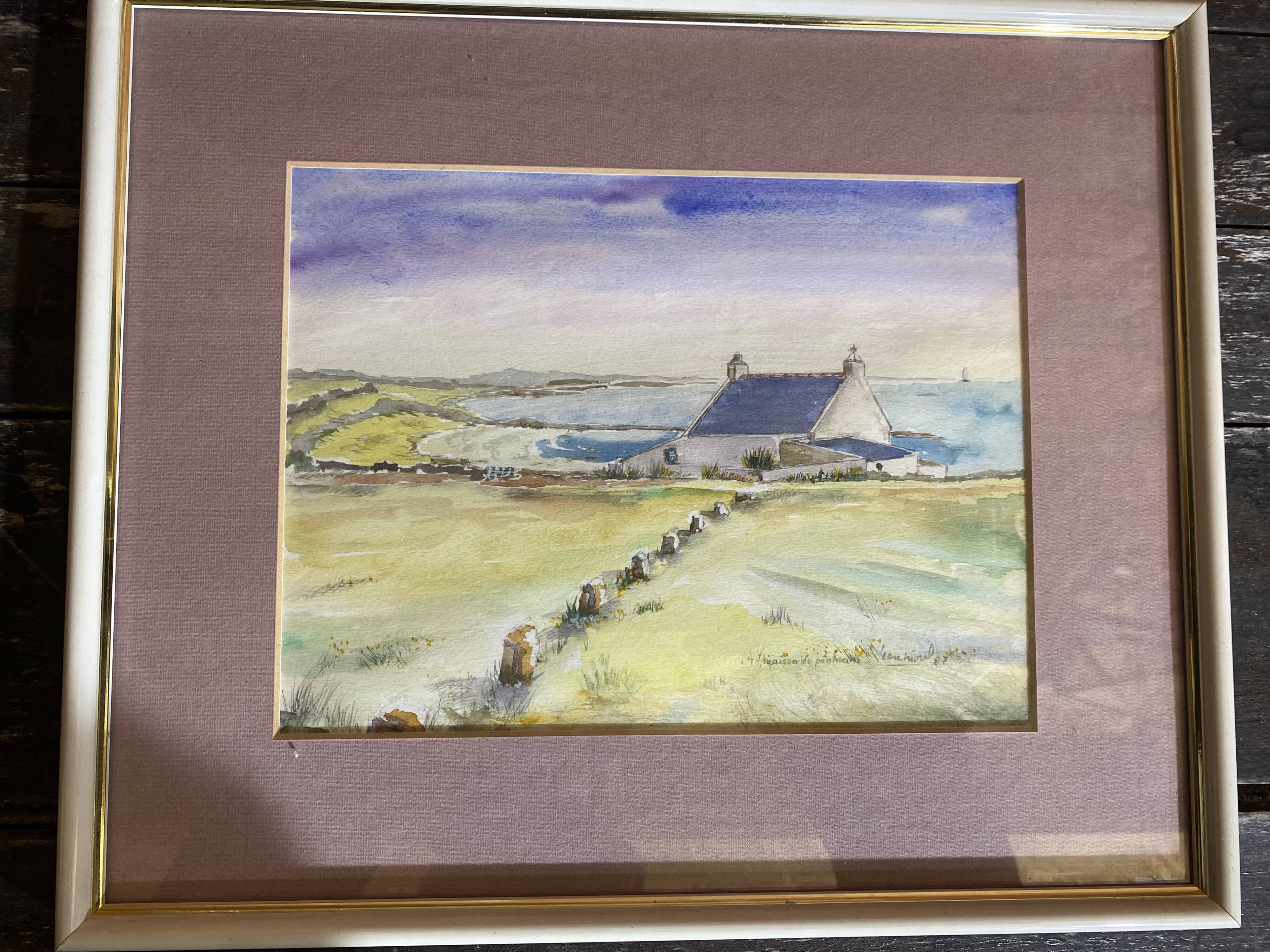 Aquarelle Sur Papier JEAN MOREL Vue Maison De Pêcheurs + Cadre Bois Blanc