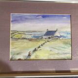 Aquarelle Sur Papier JEAN MOREL Vue Maison De Pêcheurs + Cadre Bois Blanc