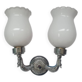 Antique zoomorphic wall light in silver-plated brass and opaline globes