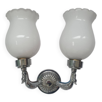 Antique zoomorphic wall light in silver-plated brass and opaline globes