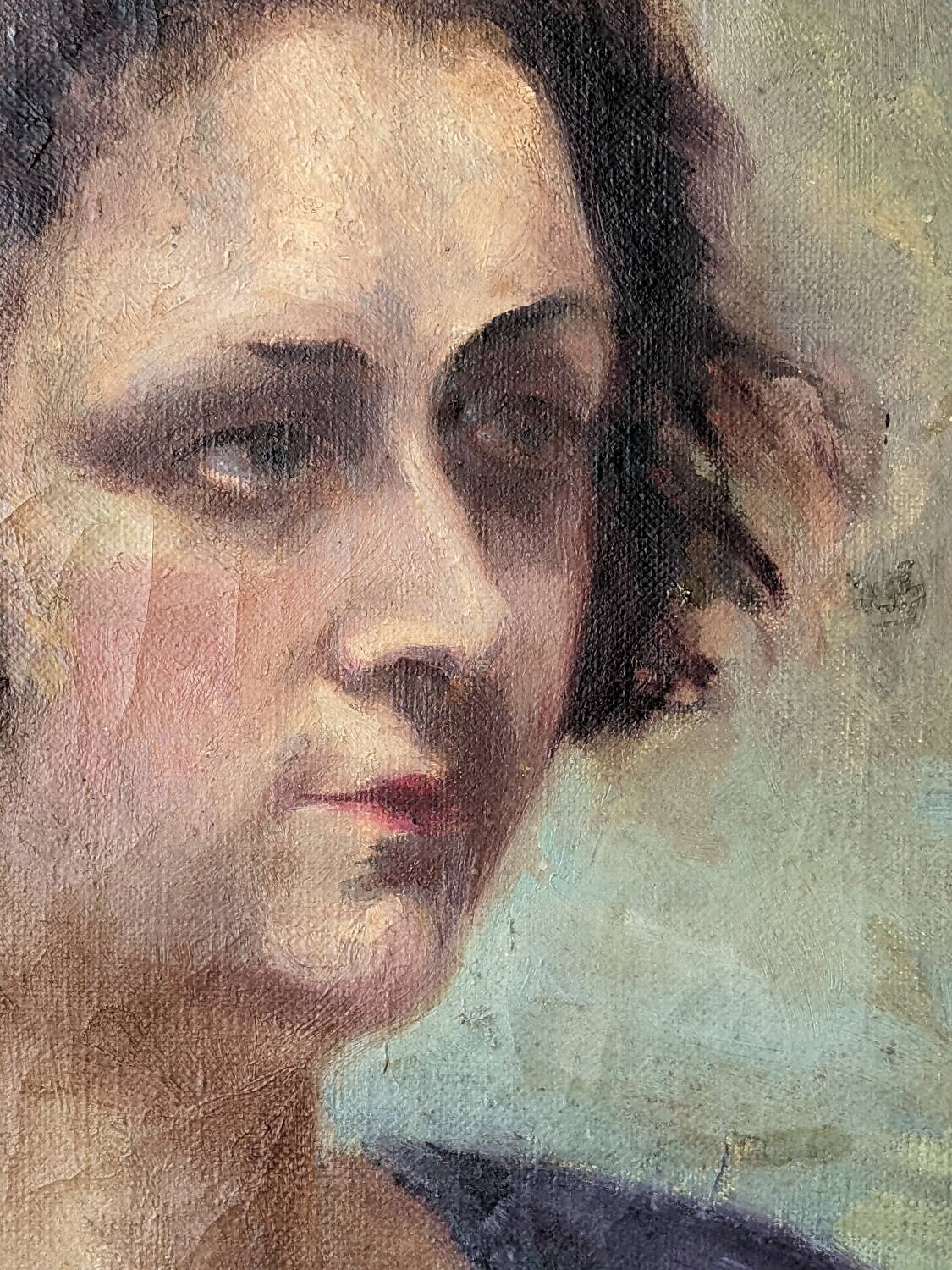 Oil on canvas portrait, vintage, bohemian countryside decoration.