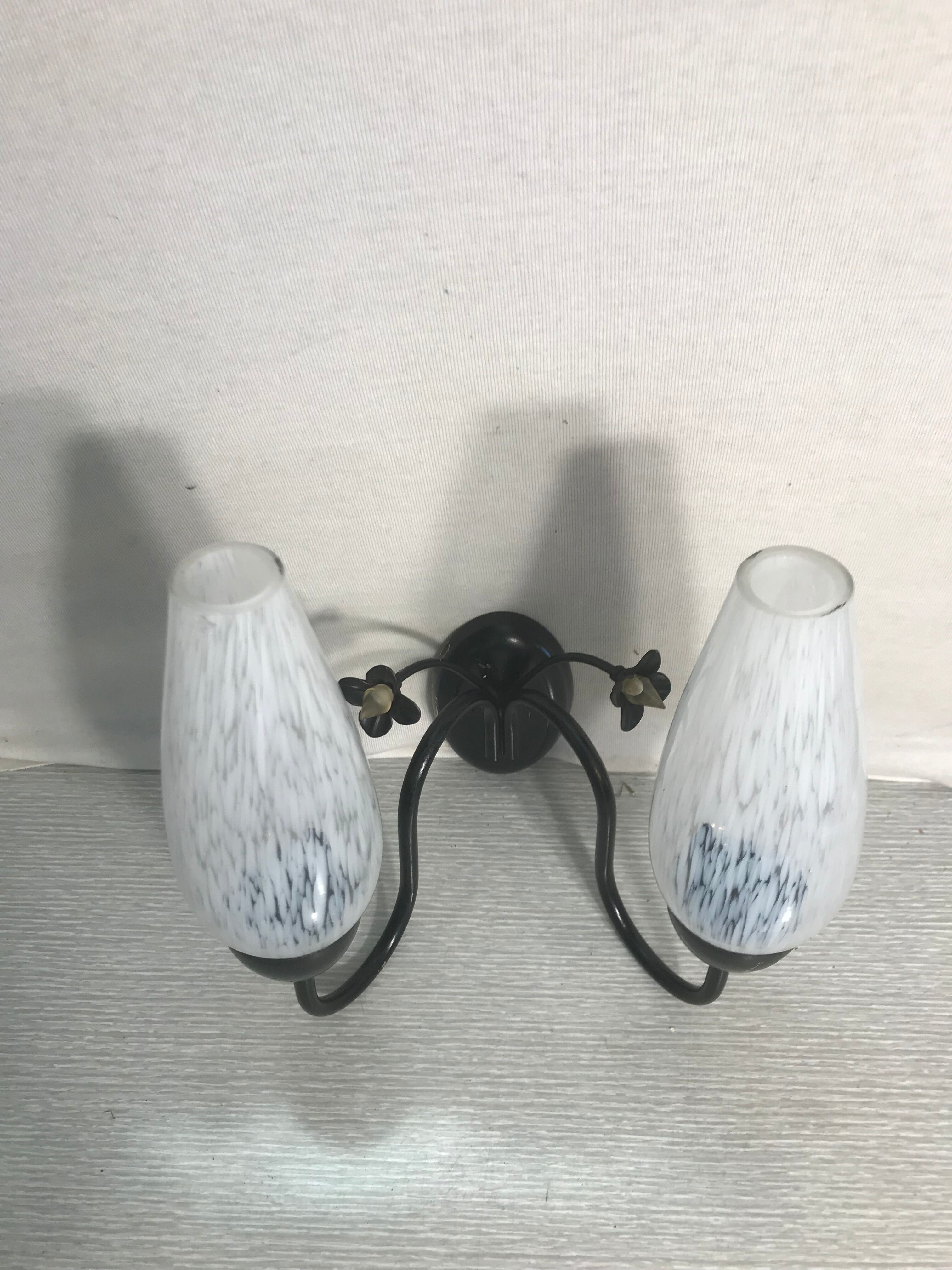 Vintage double metal black wall sconce with flowers and white glass reflectors