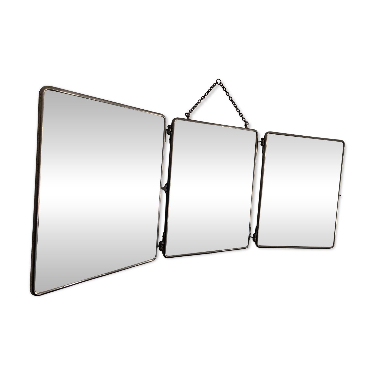 Vintage 1930s triptych barber mirror faux shagreen brown - 30 x 77 cm