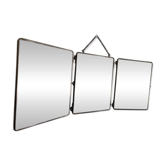 Vintage 1930s triptych barber mirror faux shagreen brown - 30 x 77 cm