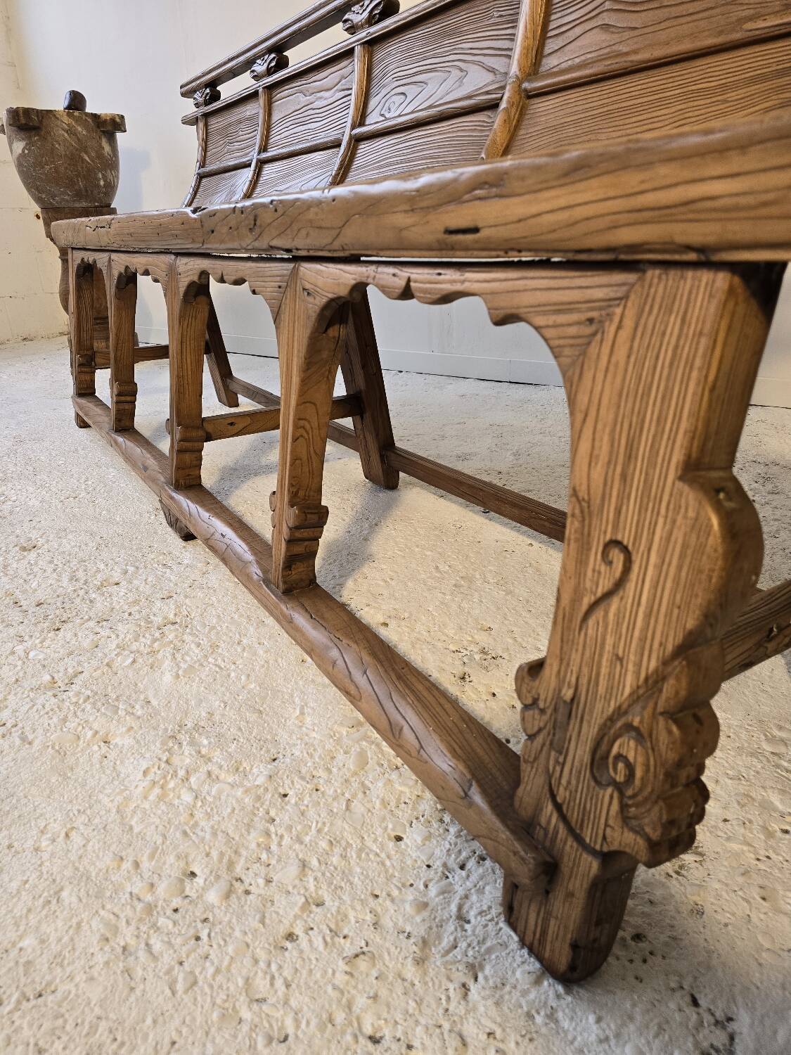 Chinese bench, 19th century, solid elm, temple